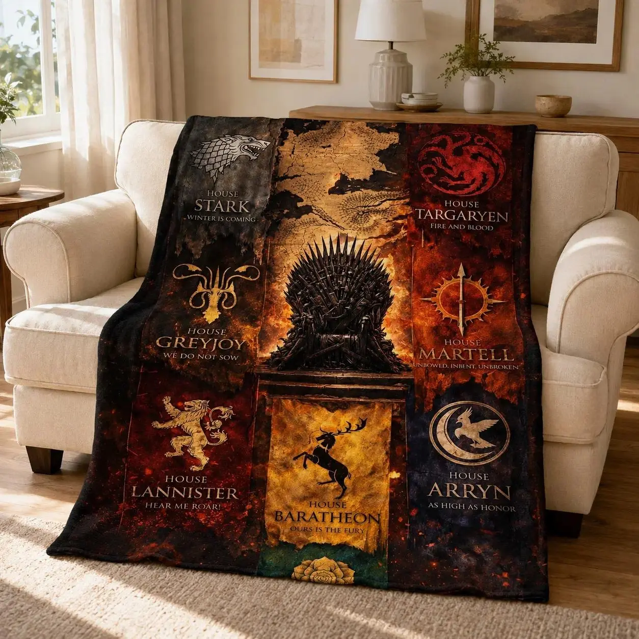 Game of Thrones Throw Blanket, Iron Throne House Sigils, Soft Flannel Flannel Throw Blankets, Westeros Fantasy, Sofa Bed Throw, Cozy and Durable Design, Graphic Throw Blanket, Baby Blankets and Adult Blankets, for Home Office Travel Decor Gift