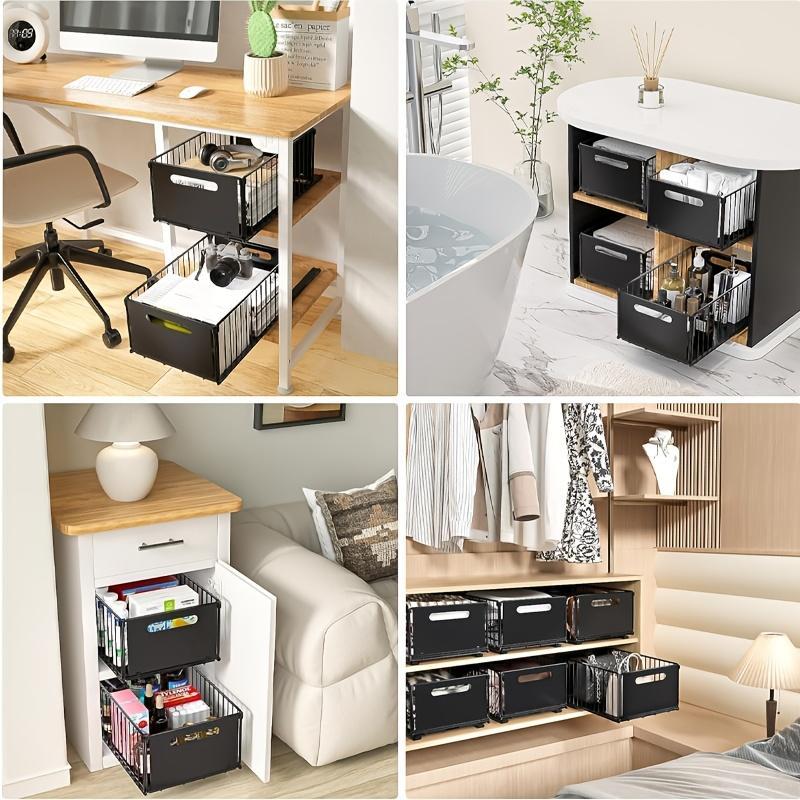 Pull Out Cabinet Storage Box, 2pcs Heavy-duty Sliding Drawer Food Cabinet Rack Fixed with Strong Glue And Handle, Suitable for Kitchen, Living Room, Bathroom, And Home Use