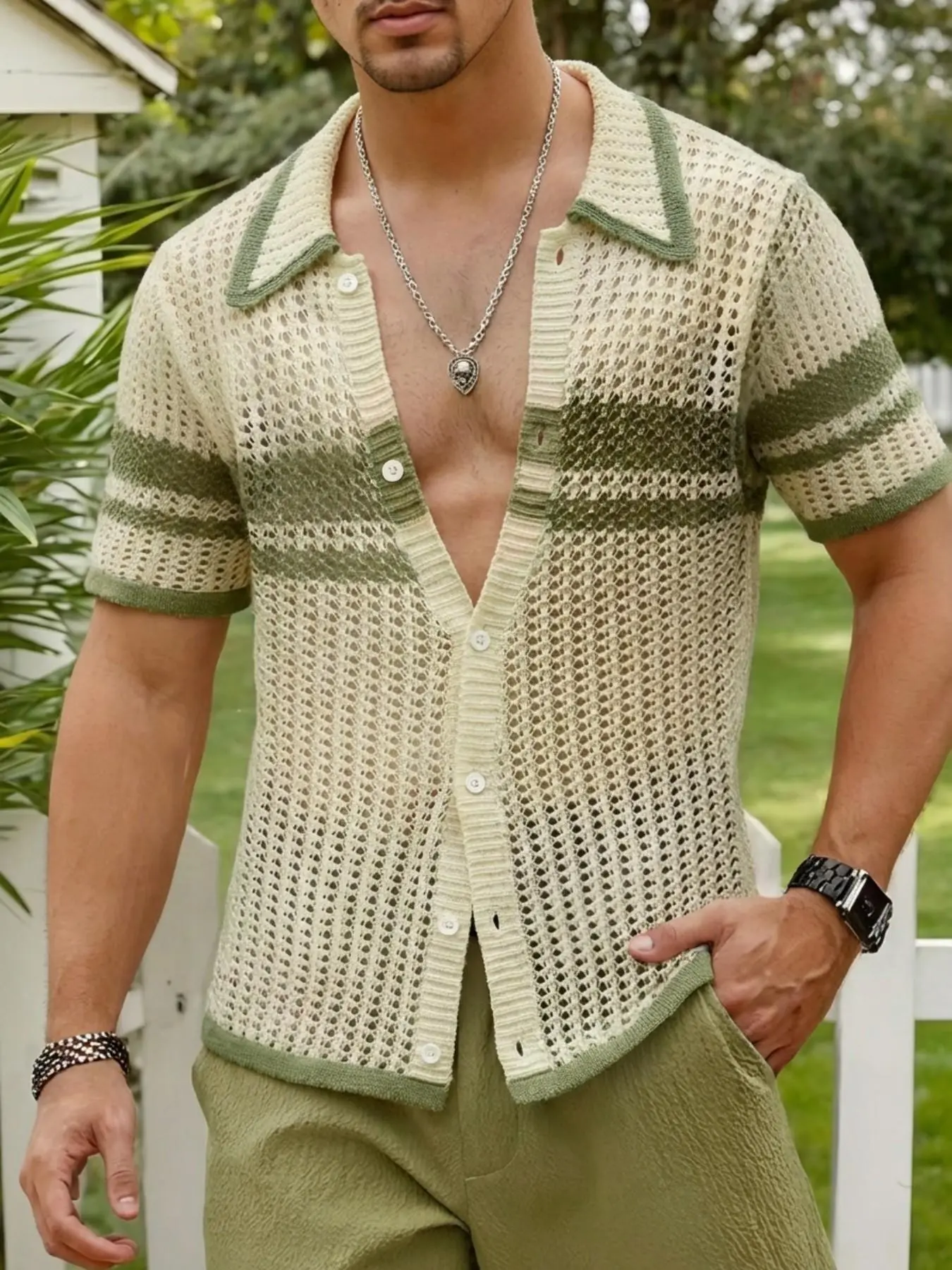 Men's Summer Casual Fashion Knit Top, Trendy Hollow Out Design, Polo Neck Spring Summer Cardigan, Perfect for Vacation Daily Wear, Short
