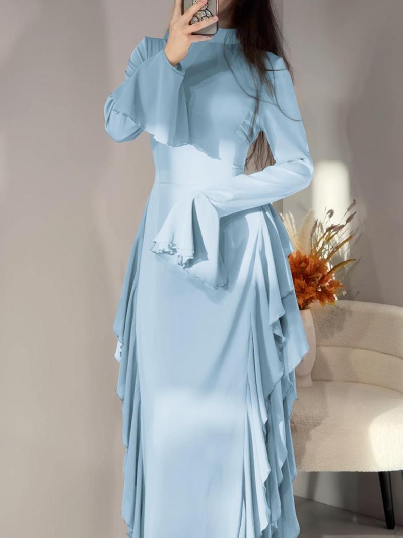 Solid-Color Flare-Sleeve Long Dress with Waist-Cinching Effect, Plain Pattern Slim-Fitting Holiday Dress for Women, Perfect for Spring and Fall