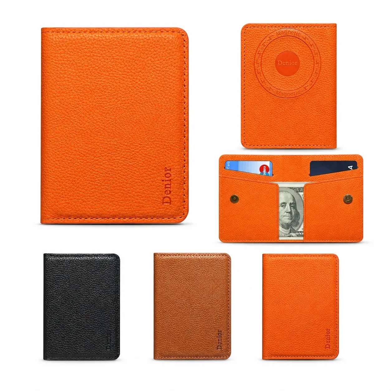 Denior Slim RFID Blocking Bifold Card Holder, Lychee Grain Faux Leather Wallet With 2 Card Slots And Cash Pocket For Everyday Carry