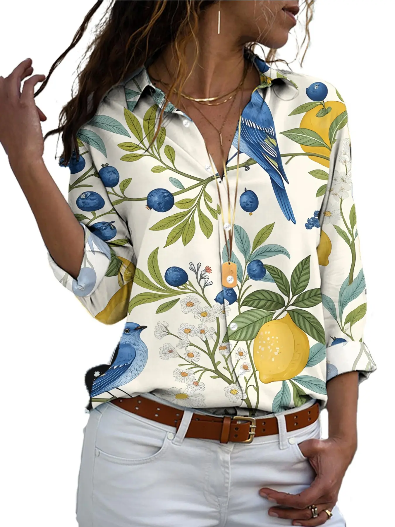 2026 New Women's European Style Blouse, Blue Bird Flower Pattern, Lapel Long Sleeve Loose Fit, Casual Vacation Fashion Top