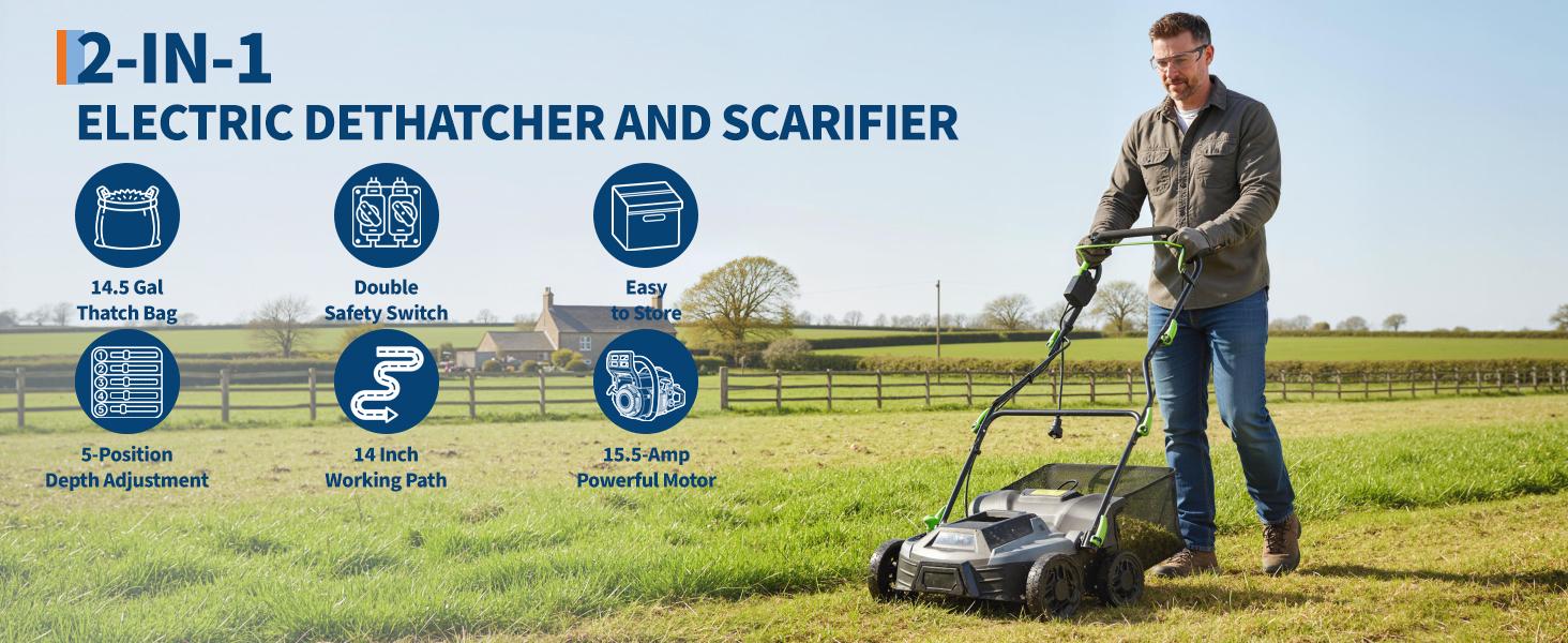Electric Lawn Dethatcher Scarifier 15.5 Amp, 14-Inch Corded Dethatcher with 14.5 gal Collection Bag, 5-Position Depth Adjustment & 3-Height Adjustable Handle for Yard Care and Lawn Aeration
