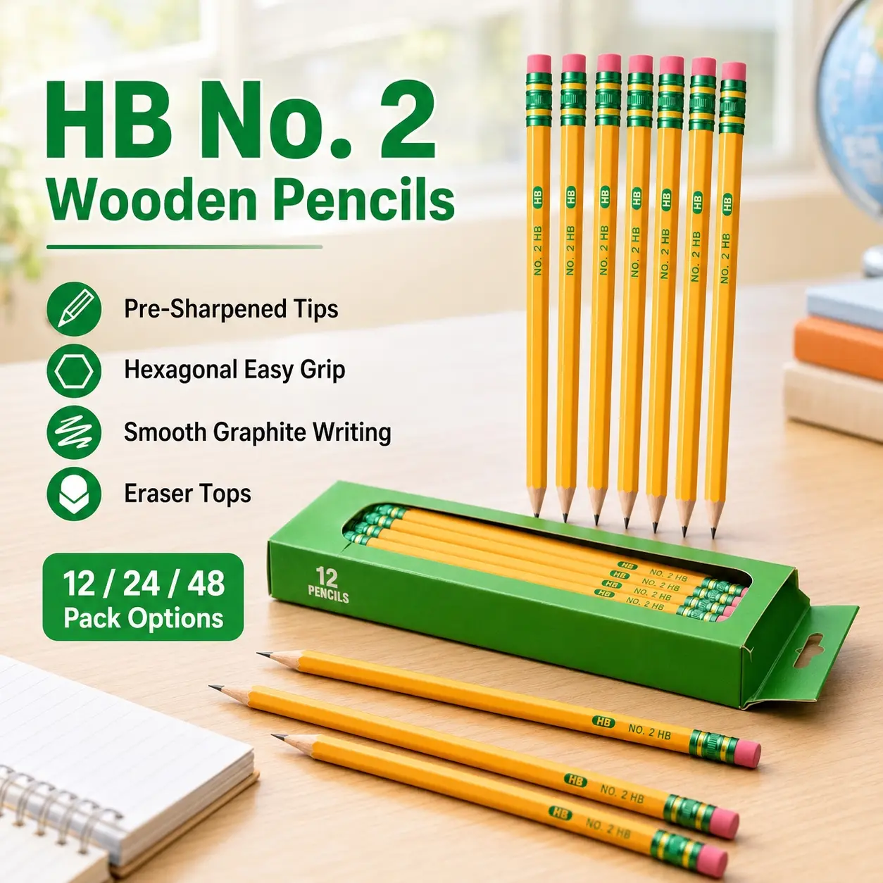 12/24/48 Pack HB Pencils, Classic Yellow Wooden Hexagonal No. 2 Graphite Pencils with Pre-Sharpened Tips and Eraser Tops, Easy-Grip School Writing, Drawing and Study Supplies for Kids, Students, Classroom, Homework, Sketching, Exams and Office Use