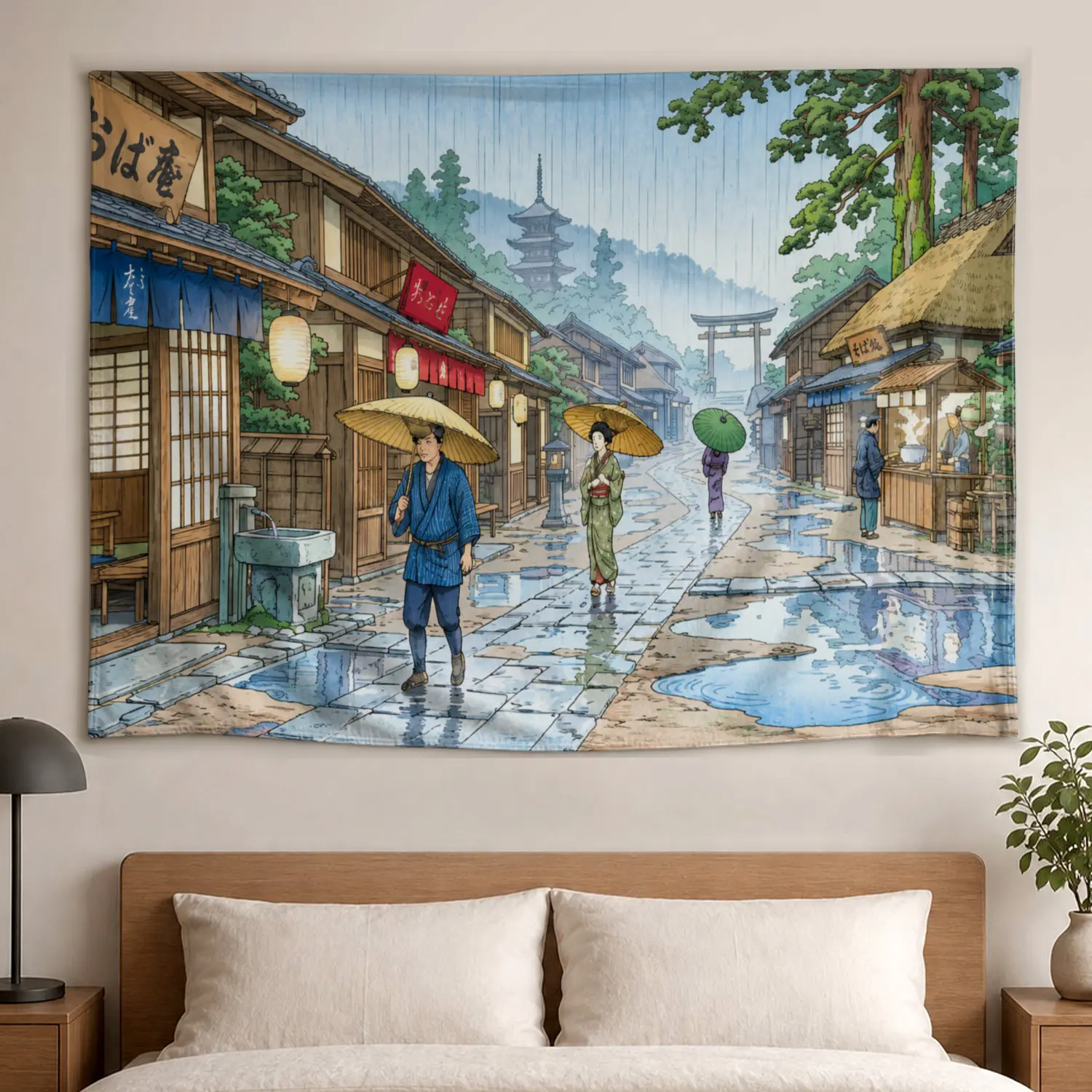 Japanese Traditional Street Rain Scenery Wall tapestry, Large size Printed Horizontal Tapestry blanket, Polyester Fabric Wall Hanging for living room, bedroom, No Installation Required, Indoor, Outdoor, Gift for Family and Friends