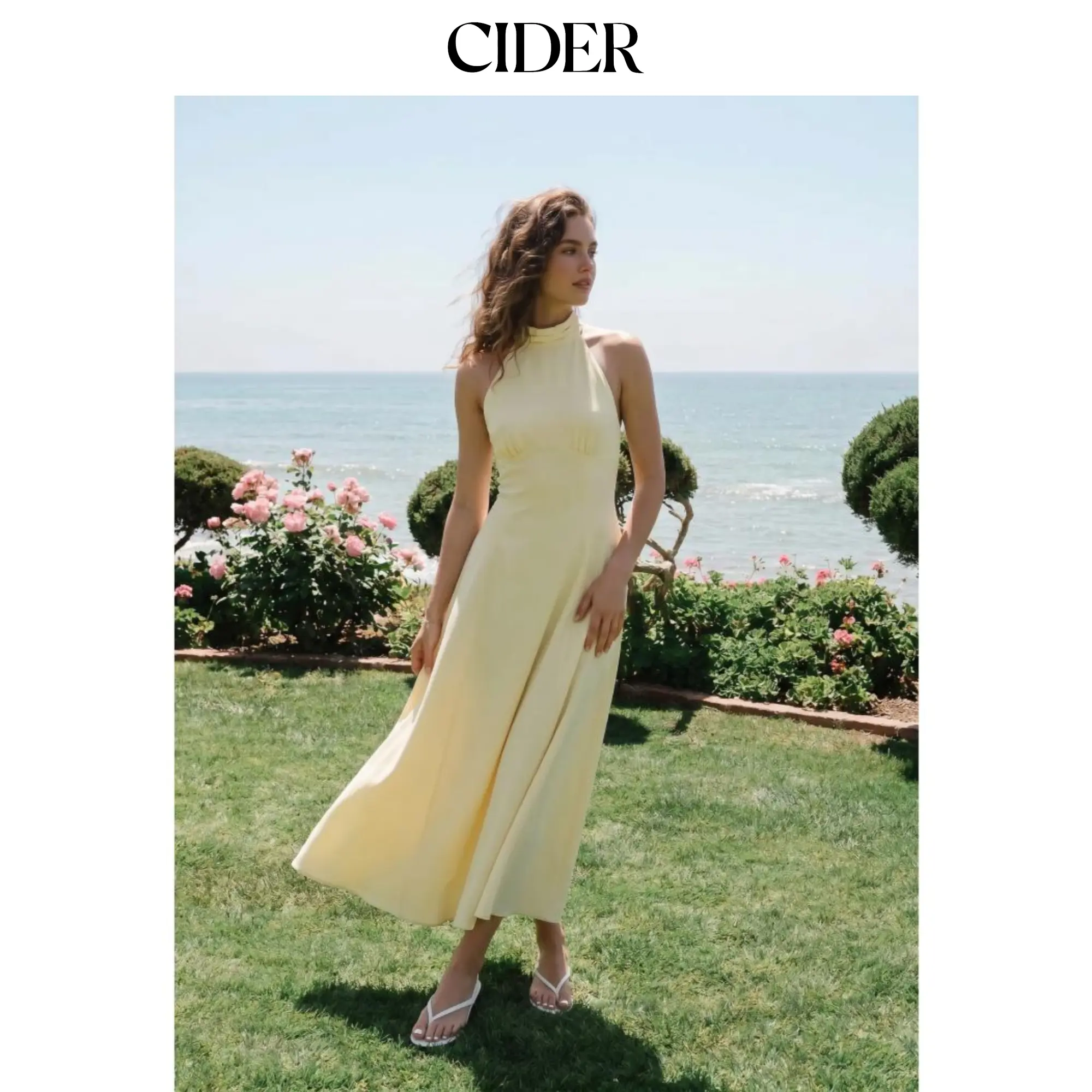 Cider Linen-blend Halter Neckline Ruched A-line Maxi Dress SummerFinds