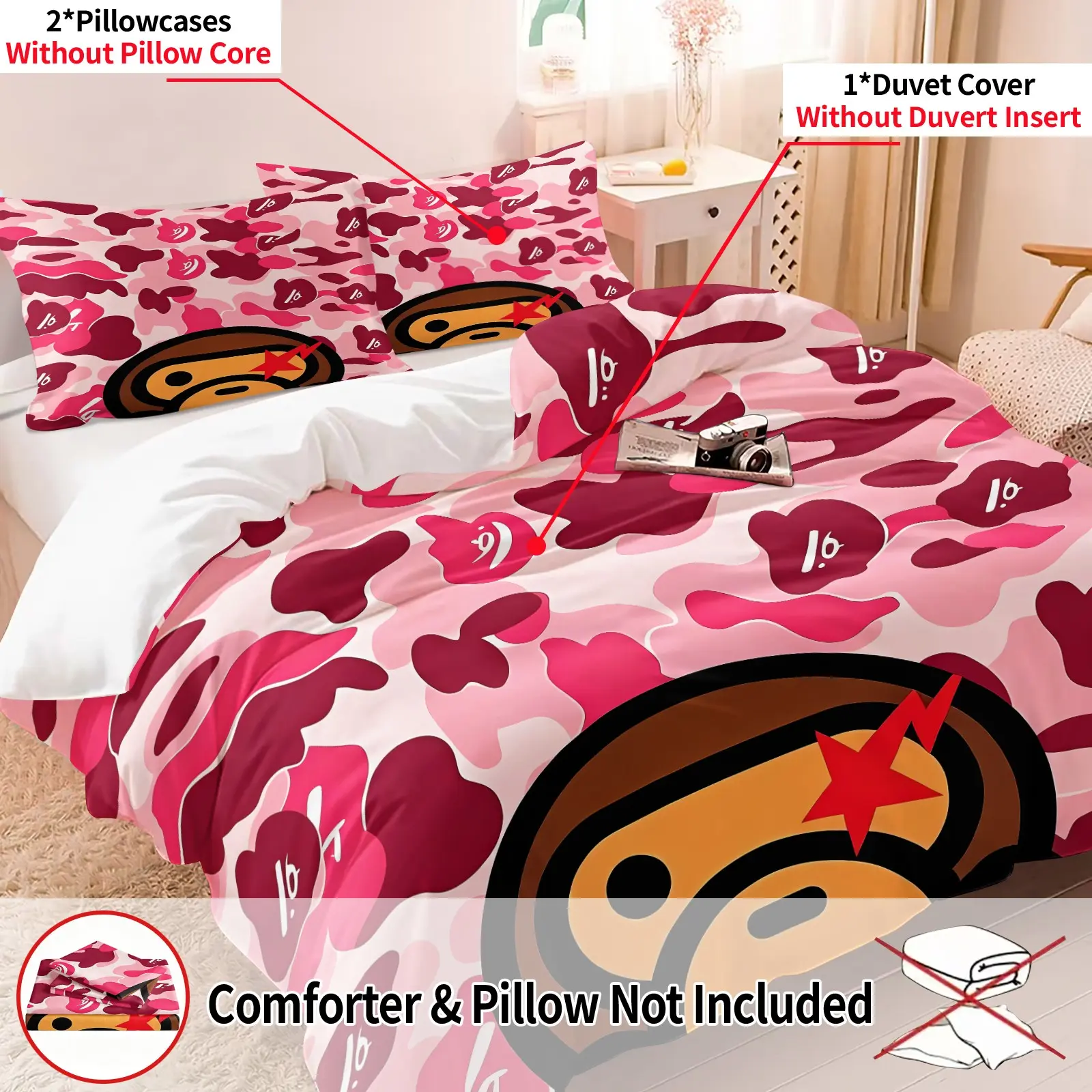 3PCS Cartoon Monkey Pink Camo Duvet Cover Set, Includes 1 Duvet Cover + 2 Pillowcases, Soft Cozy Breathable Brushed Fabric All Seasons Bedding, HD Digital Print, Sweet Cool Y2K Street Girls Bedroom Decor Gift