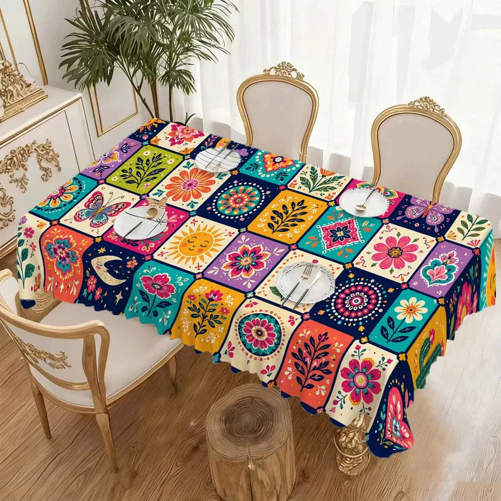Bohemian Folk Patchwork Flower Butterfly Sun Moon Print Tablecloth, Colorful Vintage Polyester Rectangular Table Cover for Dining Kitchen Picnic Decor