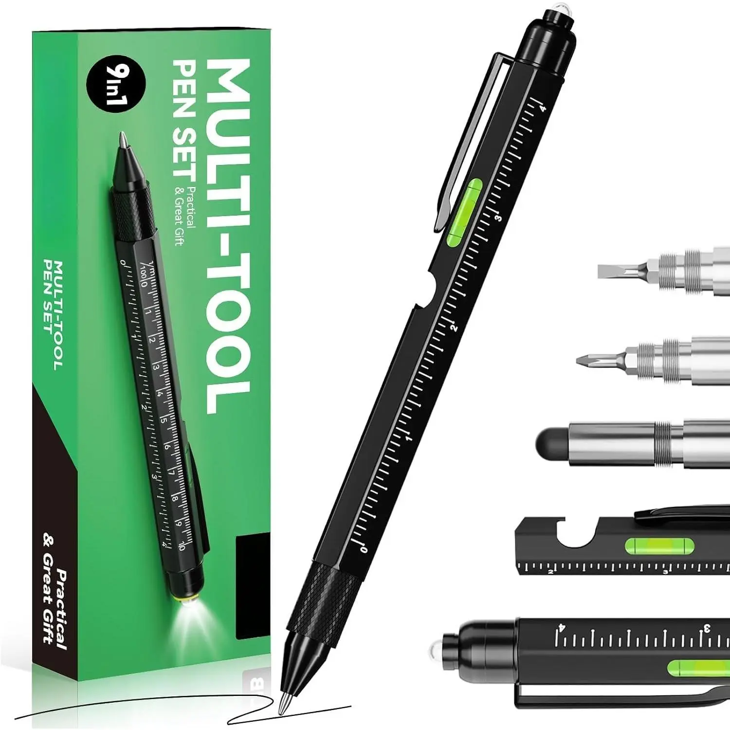 9-in-1 Multitool Pen with LED Light, Stylus, Level, Ruler, Bottle Opener, , Gifts for Men, Women, Dad, Him, Her, Husband, Mechanic, Birthday Gifts for Men, Cool Gadget, Black
