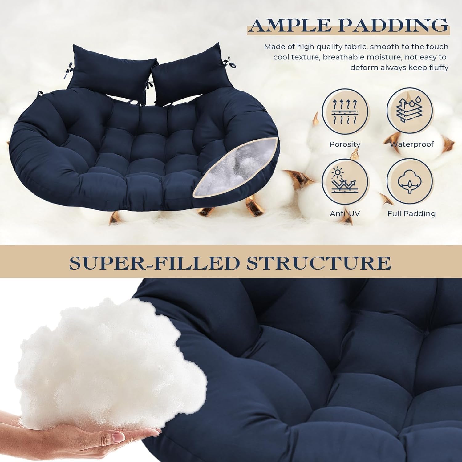 Double Egg Chair Cushion Replacement 55x35in -Thickened  Removable Double  Egg Chair Cushions, Swing Chair Cushion, Indoor/Outdoor Patio  Basket Chair Cushions,Blue