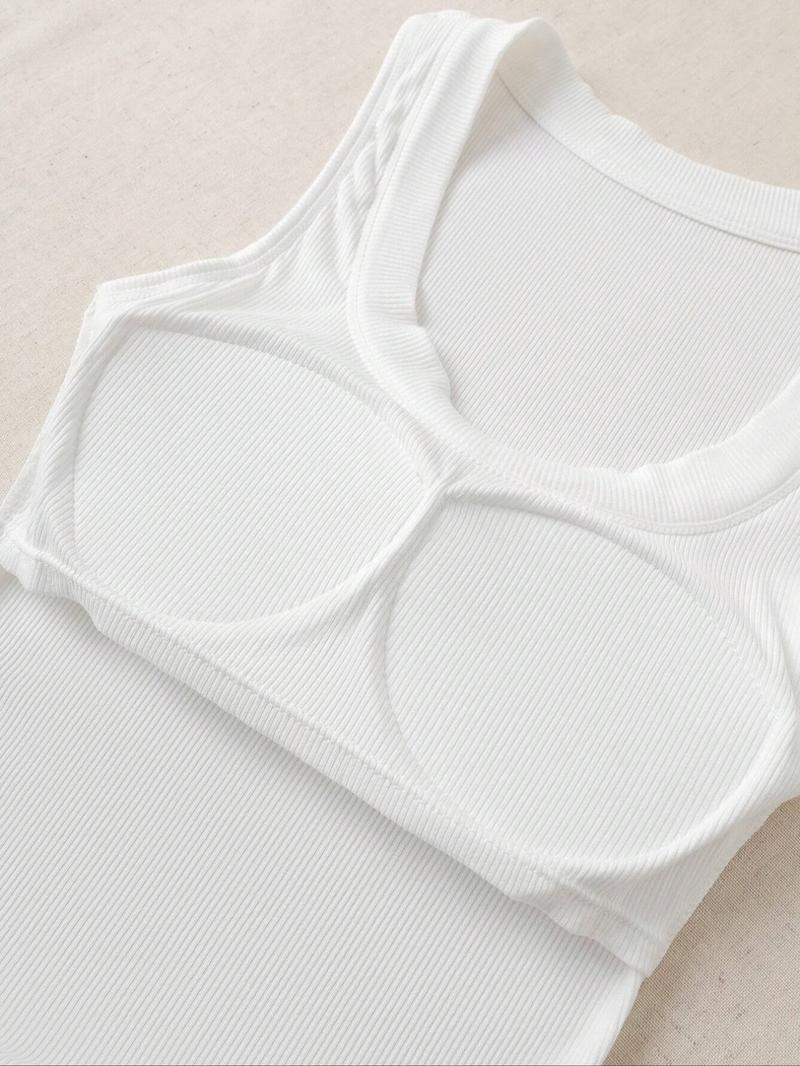 Women's Solid Ribbed Tank Top with Chest Pad, Casual Sleeveless Top for Daily Wear, Ladies Clothes for All Seasons