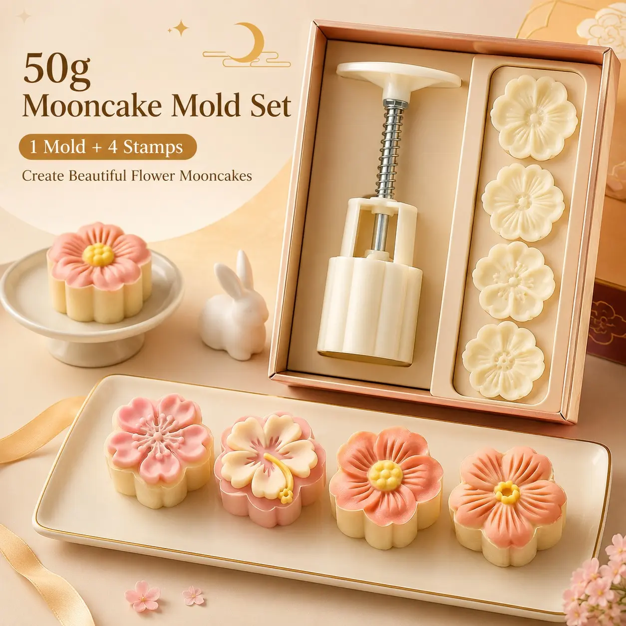 5 pcs  Moon Cake Mold Mould Set 50g, Mid Autumn Festival DIY Hand Press Flower Pattern Cookie Cutters Stamps for Baking, Pastry Baking Tool, 1 Mold 4 Stamps