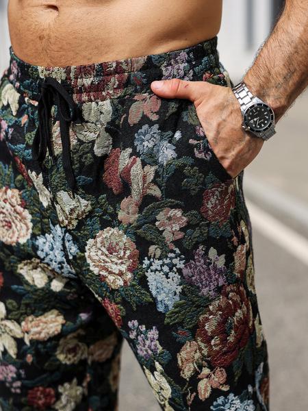 Men's Casual Floral Woven Pants, Elastic Drawstring Waist, Loose Fit, Perfect for Beach Vacation & Music Festivals