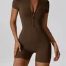 【Black Friday】Women's Solid Color Zip Up Mock Neck Skinny Romper, Quick-Dry Stretchy Fabric, Sporty Short Sleeve Romper for Yoga, Gym, Workout and Running