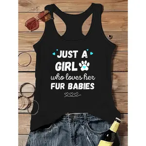 "Just a Who Loves Her Pets" Print, Women's Sleeveless Tank Top, Soft Round-neck Summer Top, Machine Washable, Fashionable Style, Suitable for Parties, Casual Wear, Sports, and Fashion