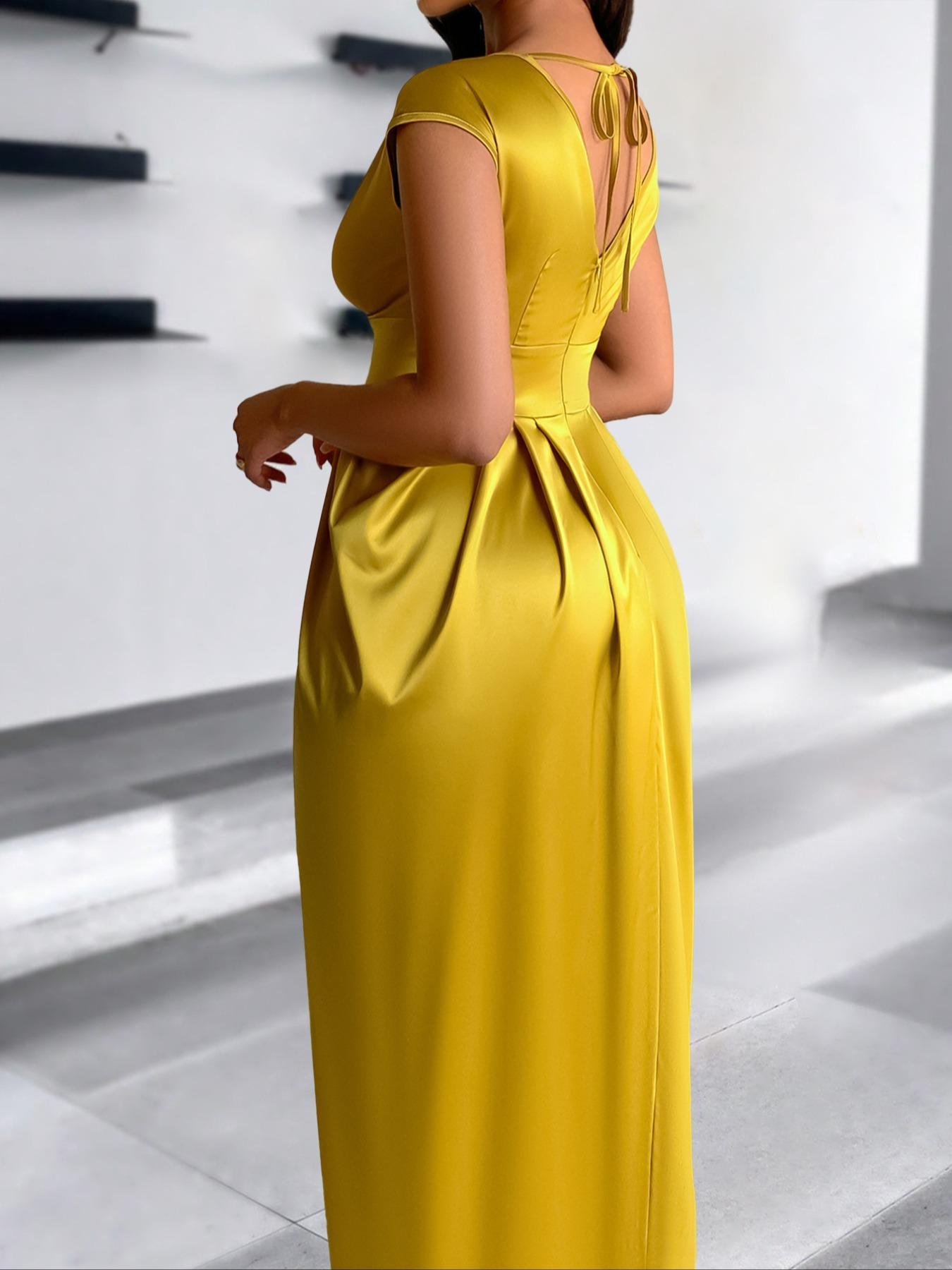 Women's Elegant Slim-Fit V-Neck Short Sleeve Woven Dress, Waist-Tapered Split Hem Long Dress, Fashionable All Season Wear