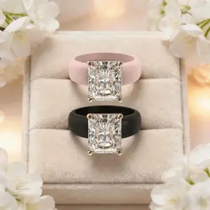 Women's Silicone  with Large Rectangle CZ Stone, Rose Gold Prong Setting, Comfortable Sport Wedding Band, Anti-allergy Jewel obsidian casual fashion jewelry gift