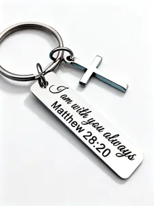 1pc Matthew 28:20 Bible Verse Bar Stainless Steel Cross Keychain, Christian Religious Faith Gift