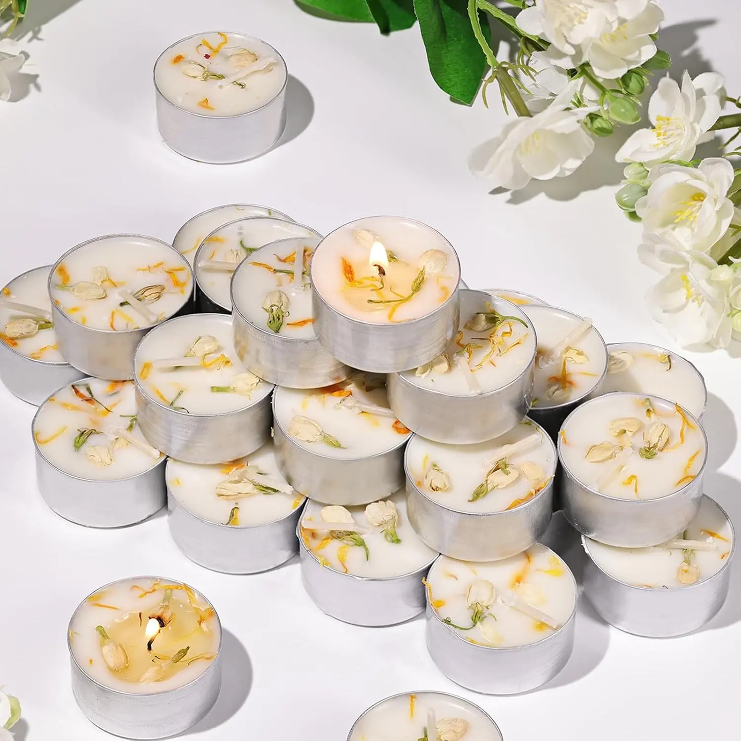 16-Pack Jasmine Scented Small Size Smokeless Burn Tealight Candles, 6H Long Burning 100% Palm Wax with Dried Flowers, Non-Toxic Bulk Pack for Spa, Bath