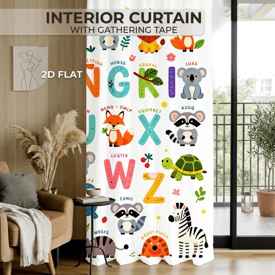 2Pcs Cartoon Animal Alphabet Kids Curtains Digital Printed Rod Pocket, Window Treatment For Bedroom Office Kitchen Living Room Study Home Decor