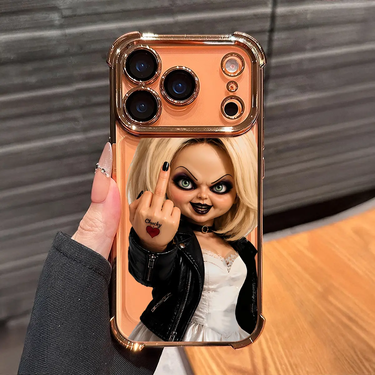 Horror Tiffany Bride of Chucky Phone Case - Electroplated Durable TPU Casing with Airbag Shockproof Protection, Slim Accessories for iPhone X/11/12/13/14/15/16/17 Pro Max Plus Air, Middle Finger Design Halloween Goth Style