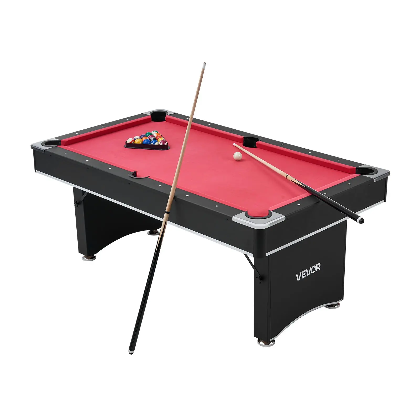 VEVOR Pool Table, 6 ft Portable Billiards Tables, Adjustable Feet Stable Game Table, Entertainment Set Includes Ball, Cue, Rack, Chalk and Brush, Black with Red Cloth, for Family Use, Recreation Room