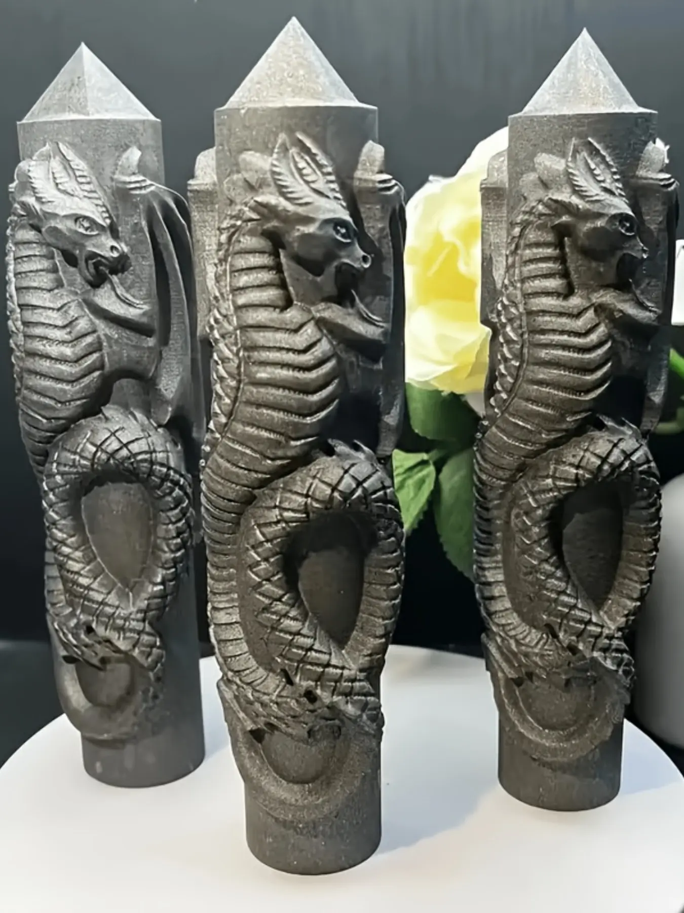 Shungite Carved Dragon Tower, Natural Stone Crystal Point Wand, Hexagonal Statue with Intricate Dragon Carvings, Unique Ornaments, Home Decor Gift