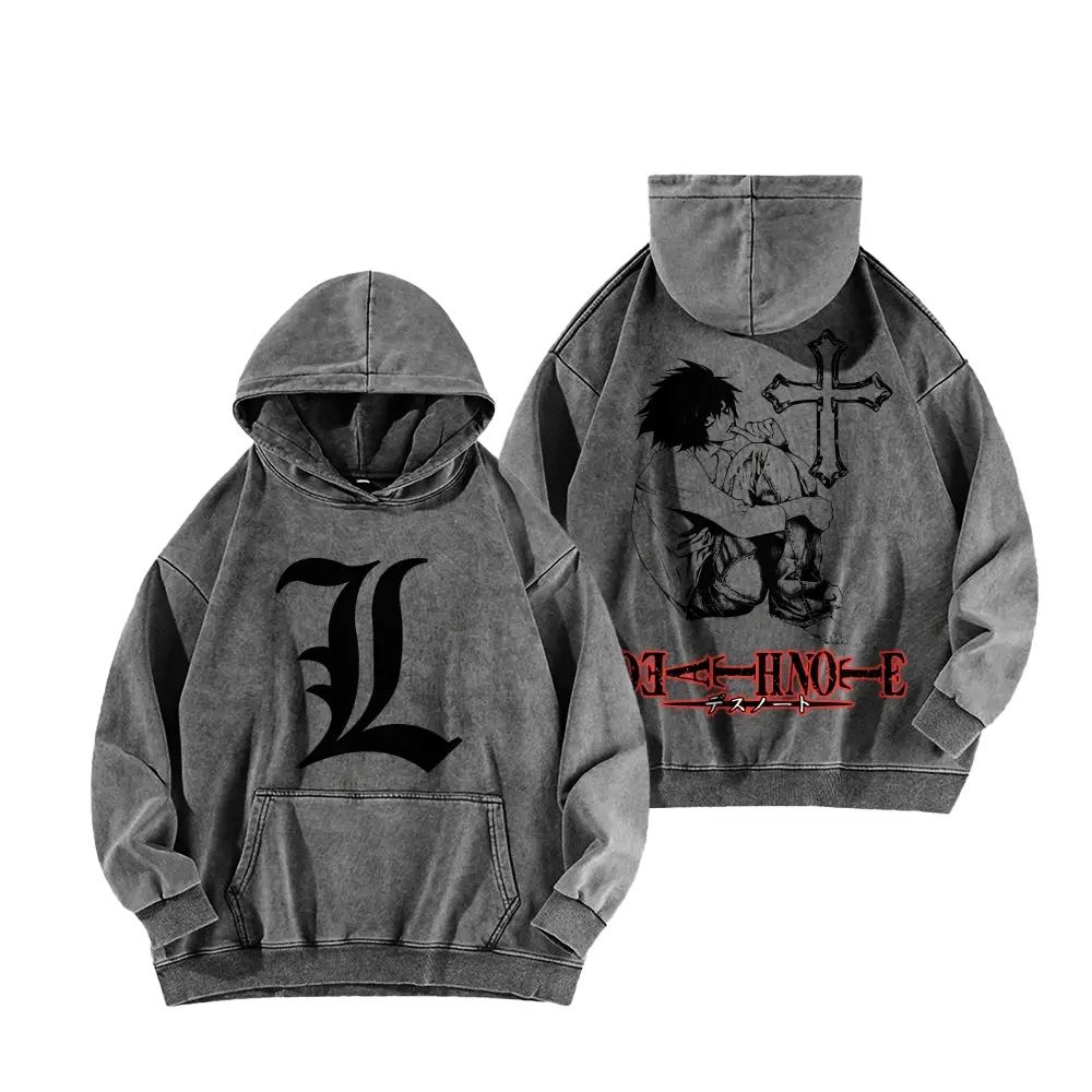Multi Color Vintage Washed Pullover Hoodie, Death Note L Lawliet Double Sided Cross Anime Graphic Oversized Hoodie, Retro Dark Manga Streetwear Hooded Sweatshirt for Men Women Multiple Vintage Wash Color Options