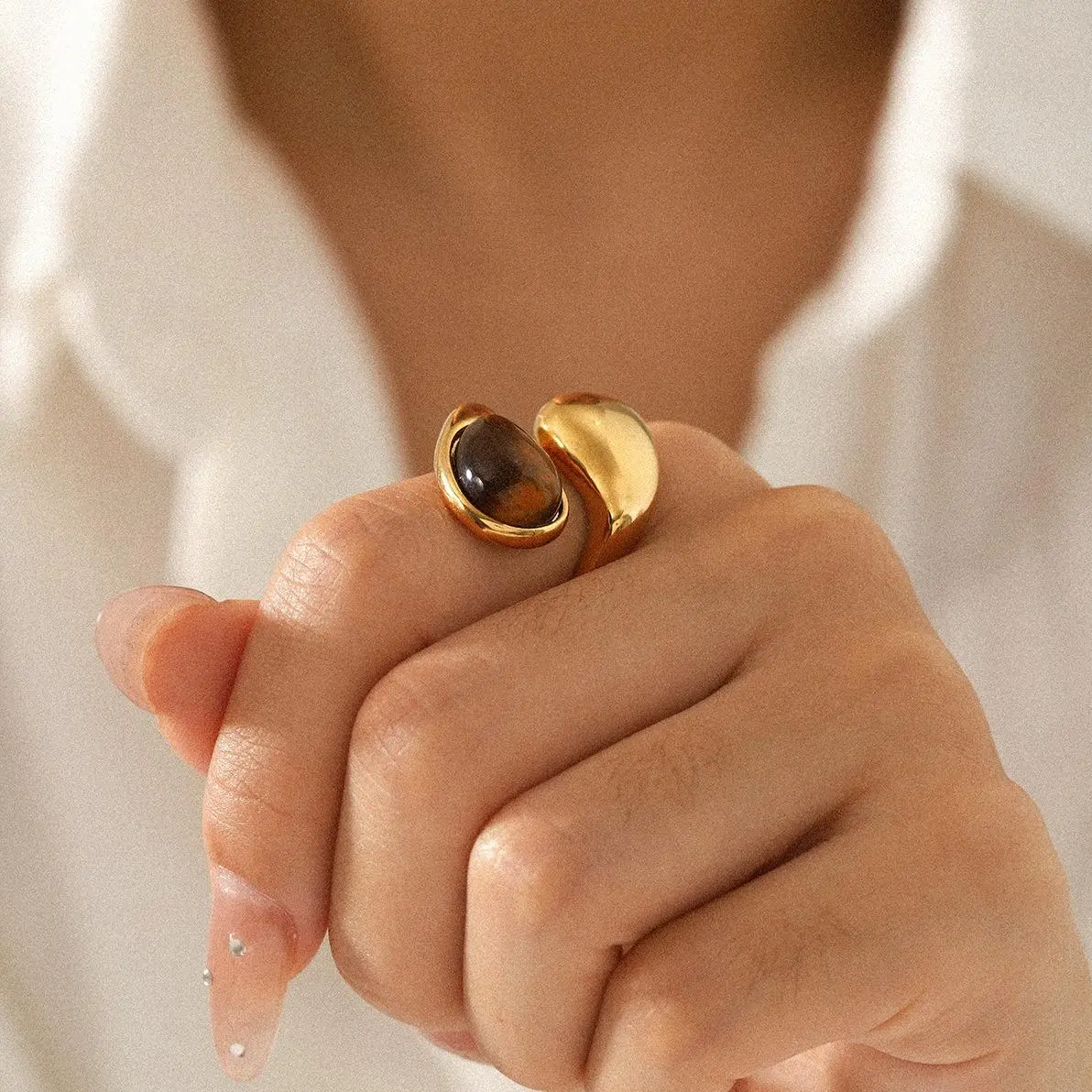 Teardrop Tiger Eye Adjustable Ring for Women – Non-Tarnishing Brown/White Tone Open Band, Vintage Statement Bohemian Jewelry, High-End Luxury Finger Ring, Unique Gift for Her