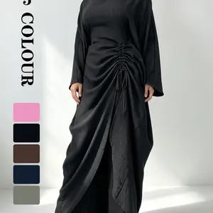 Muslim Matching Set, Fashion Muslim Set, Batwing Sleeve Loose Top & Wide-Leg Pants, Adjustable Drawstring, 5 Soft Colors, Breathable Wrinkle-Resistant (Hijab Not Included)