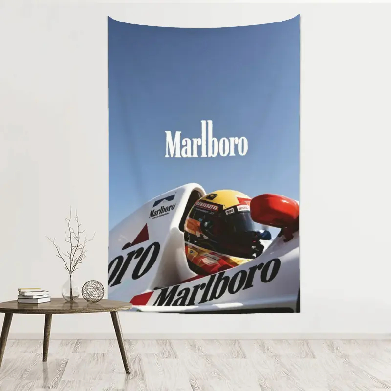 Blue Motorsport Helmet Tapestry, Racing Helmet and Red Glove with Prominent Tobacco Brand Graphics on a Pale Blue Background Wall Hanging for Garage Game Room Studio Office, Racing Home Decor, Peach Skin Fabric, Multiple Sizes Available
