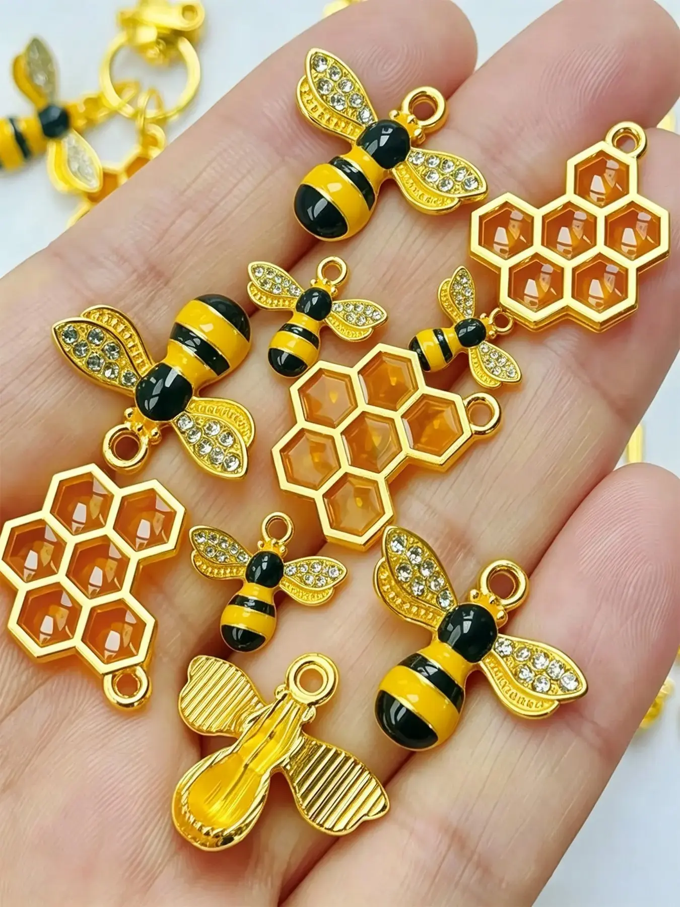 Bee & Honeycomb Alloy Charms, Enamel Rhinestone Insect Pendants for DIY Jewelry Making, Cute Gold Bee Craft Supplies for Bracelets Necklaces & Bag Charms, Lovely Craft Gift for Jewelry Makers