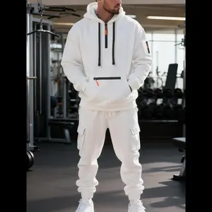 Men's two-piece casual sports suit, half zip hooded sweatshirt with work pants, wool lined warm sportswear, suitable for gym, exercise and daily wear