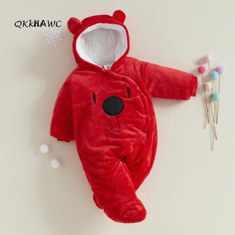 Baby Hooded Footie Romper Snap Up Fleece Snowsuit Winter Outwear Cute Pattern Jumpsuit Cozy
