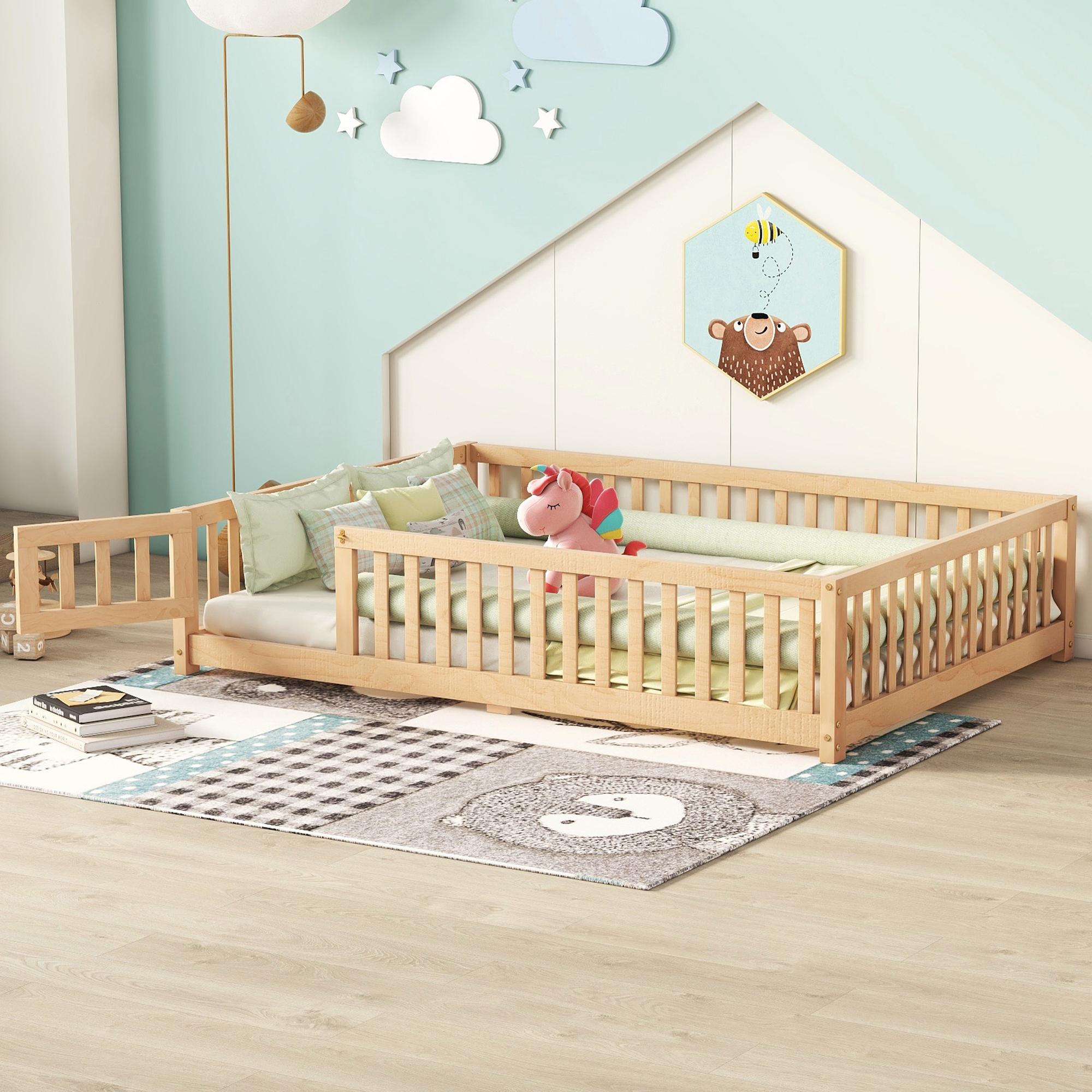 Bellemave Twin/Full/Queen Size Floor Bed with Safety Guardrails & Door Natural Pine Rubber Wood Crib For Infant Low Profile Design