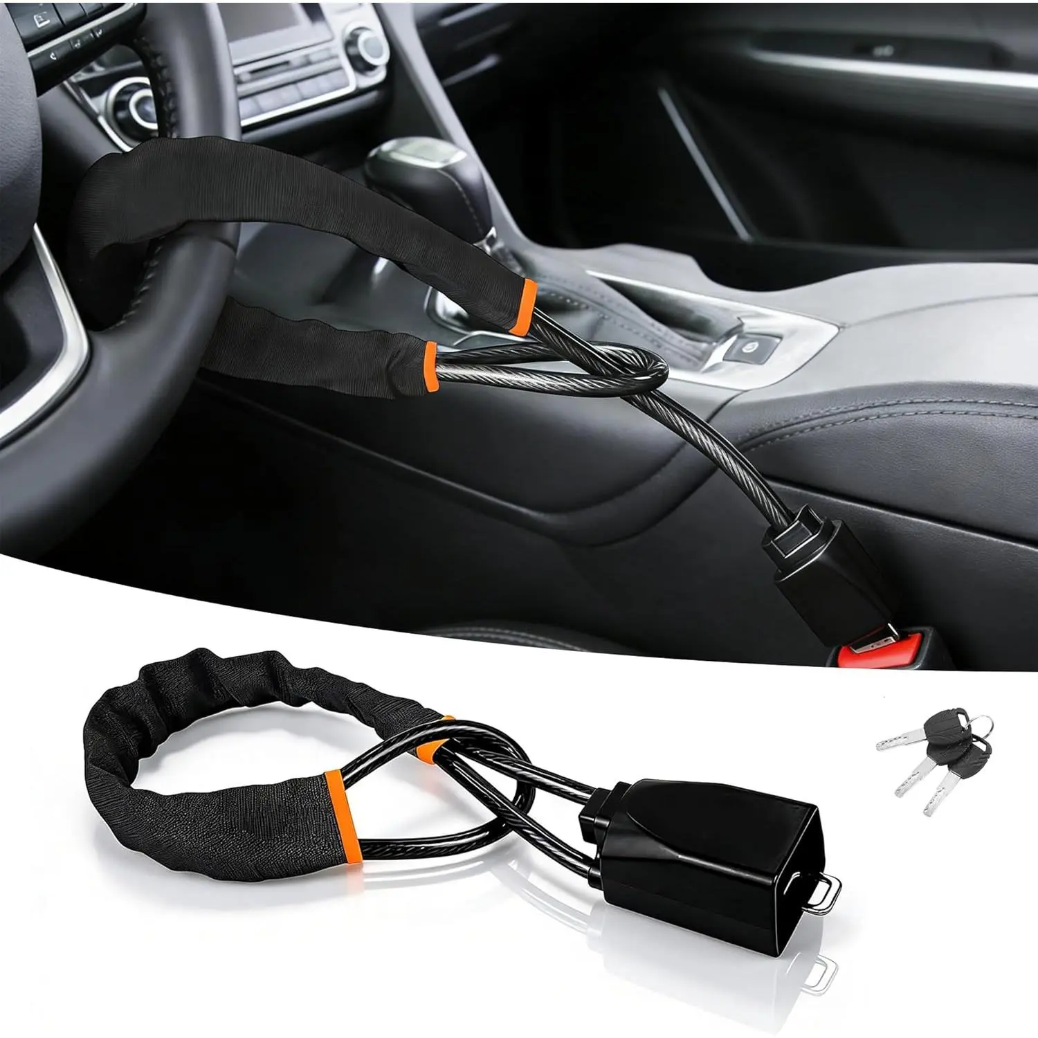 Car Steering Wheel Lock, Reliable Club Steering Wheel Lock Anti-Theft Device with 3 Keys, Max 17 Inch Length, Fits Most Vehicles, Trucks, SUVs, Vans, Golf Car Security Device - Black