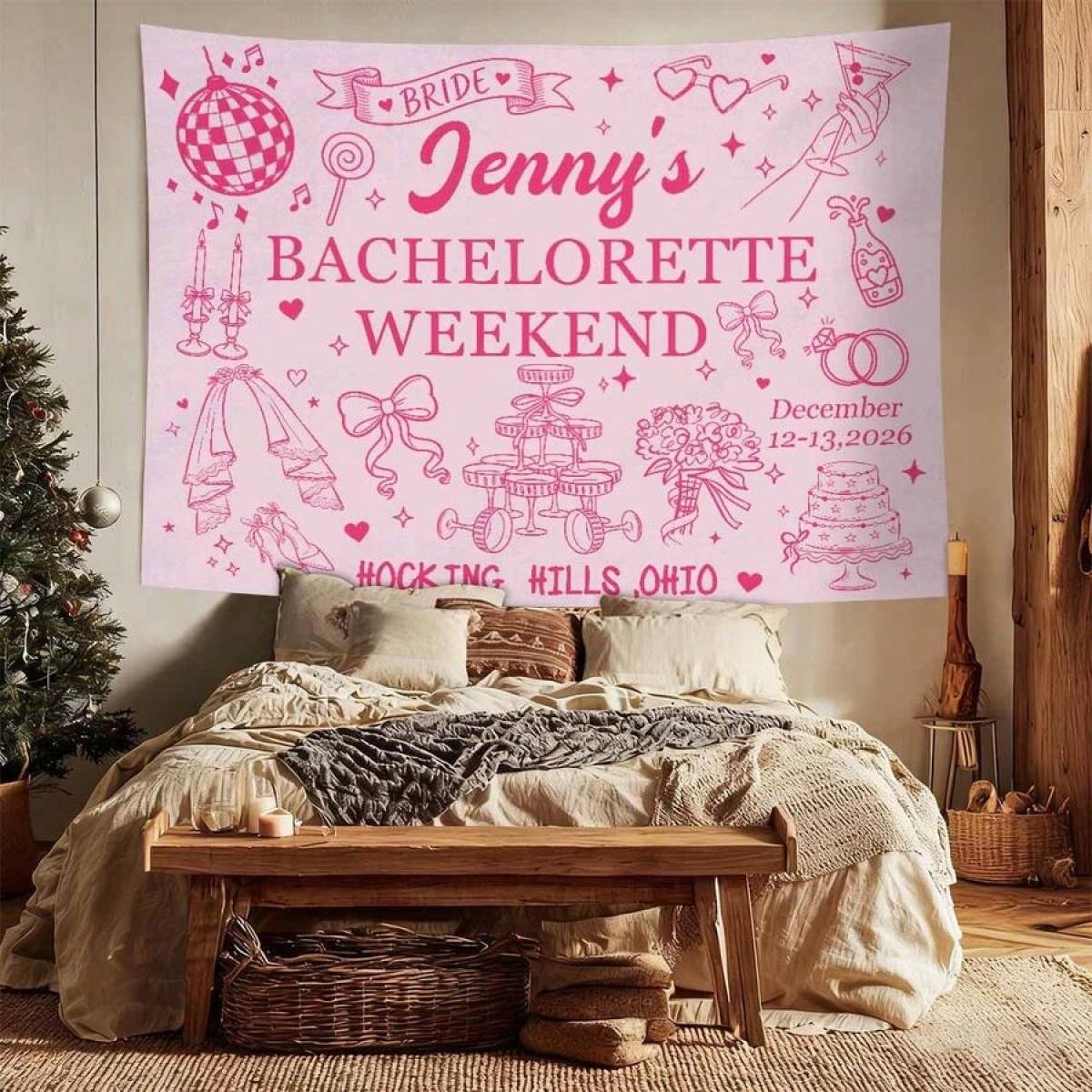 Custom Bachelorette Party Banner Tapestry, Personalized Party Wall Hangings Tapestries, Print Name/Location/Date On Background Cloth, Durable Peach Skin Fabric, Indoor/Outdoor Use, Unique Party Decor Gift For The Bride