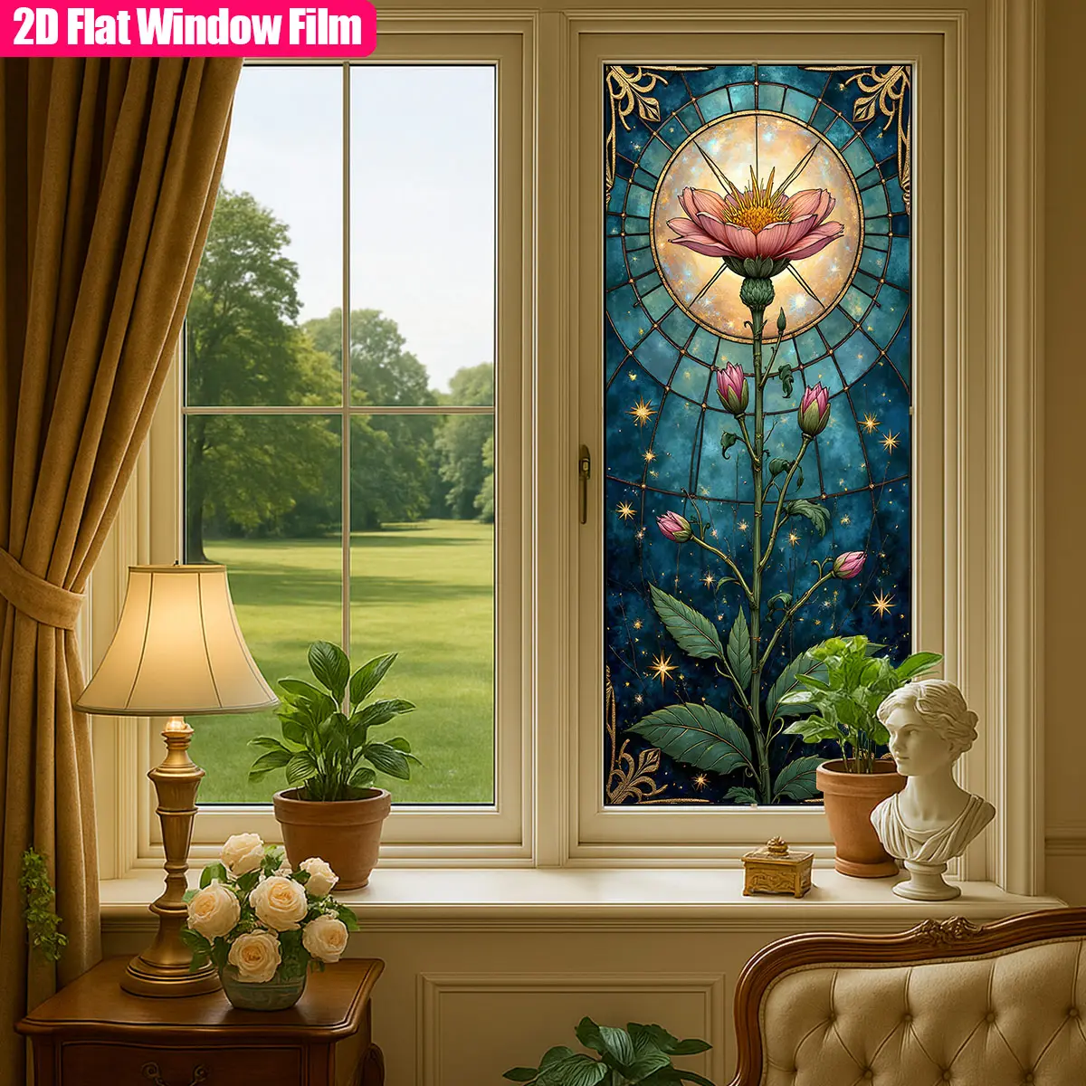 2D Flat, A 2D Flat Electrostatic Adsorption PVC Window Decal Featuring a Painted Stained Glass Window Film with a Floral and Star Decorative Pattern. Glue-free Electrostatic Sticker, Suitable for Bathroom, Room, Kitchen, and Office Decoration