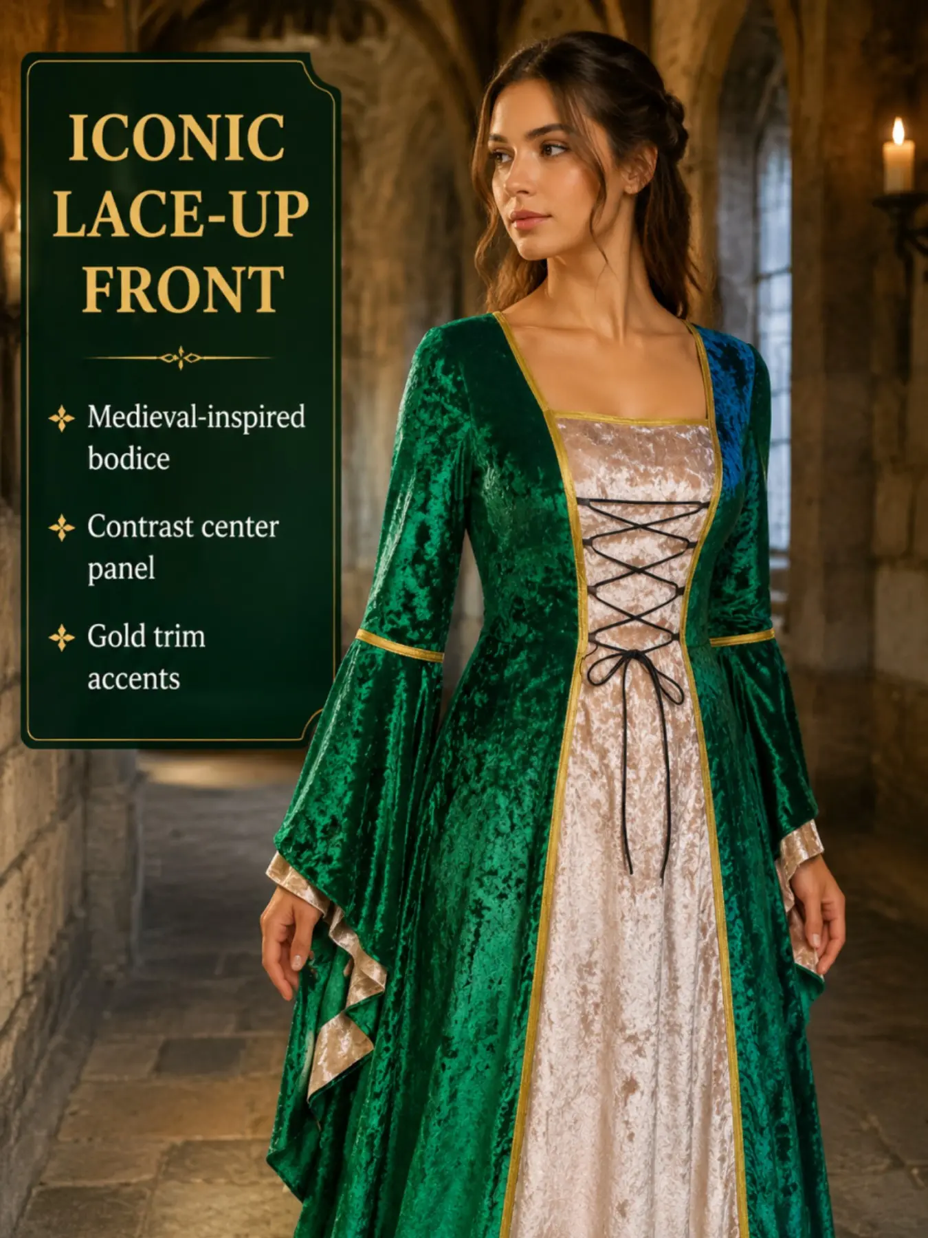 Halloween Velvet Bell Sleeve Retro Dress, Medieval European Court Long Floor-Length Women's Costume, Performance Wear