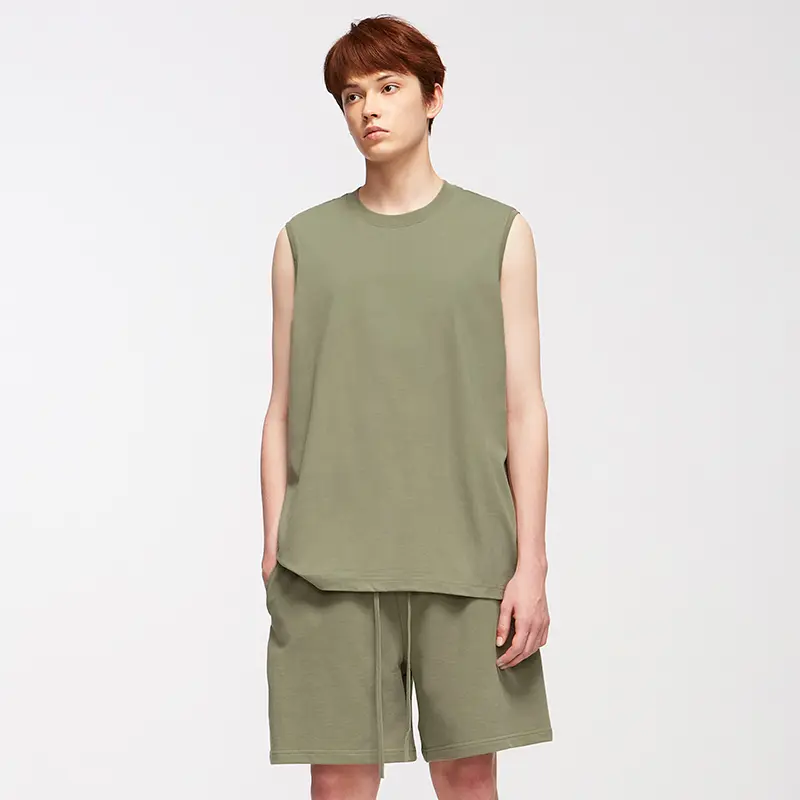 Men's 2-Piece Summer Suit Set - Menswear Plain Solid Colors Round Neck Heavy-Weight Pure Cotton Sleeveless Vest with Elastic Drawcord Knee-Length Shorts for Outdoor Casual Wear