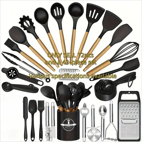 43- 12 Piece Silicone Kitchen Tool Set, Non-Stick Friendly Utensils & Spoons, Durable Stainless Steel & Silicone Tools, Essential Cooking Accessories, Kitchen Utensils Gadgets, Durable Kitchenware