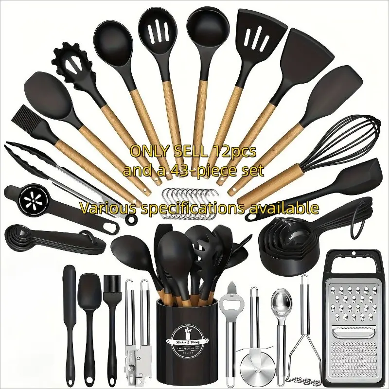 43- 12 Piece Silicone Kitchen Tool Set, Non-Stick Friendly Utensils & Spoons, Durable Stainless Steel & Silicone Tools, Essential Cooking Accessories, Kitchen Utensils Gadgets
