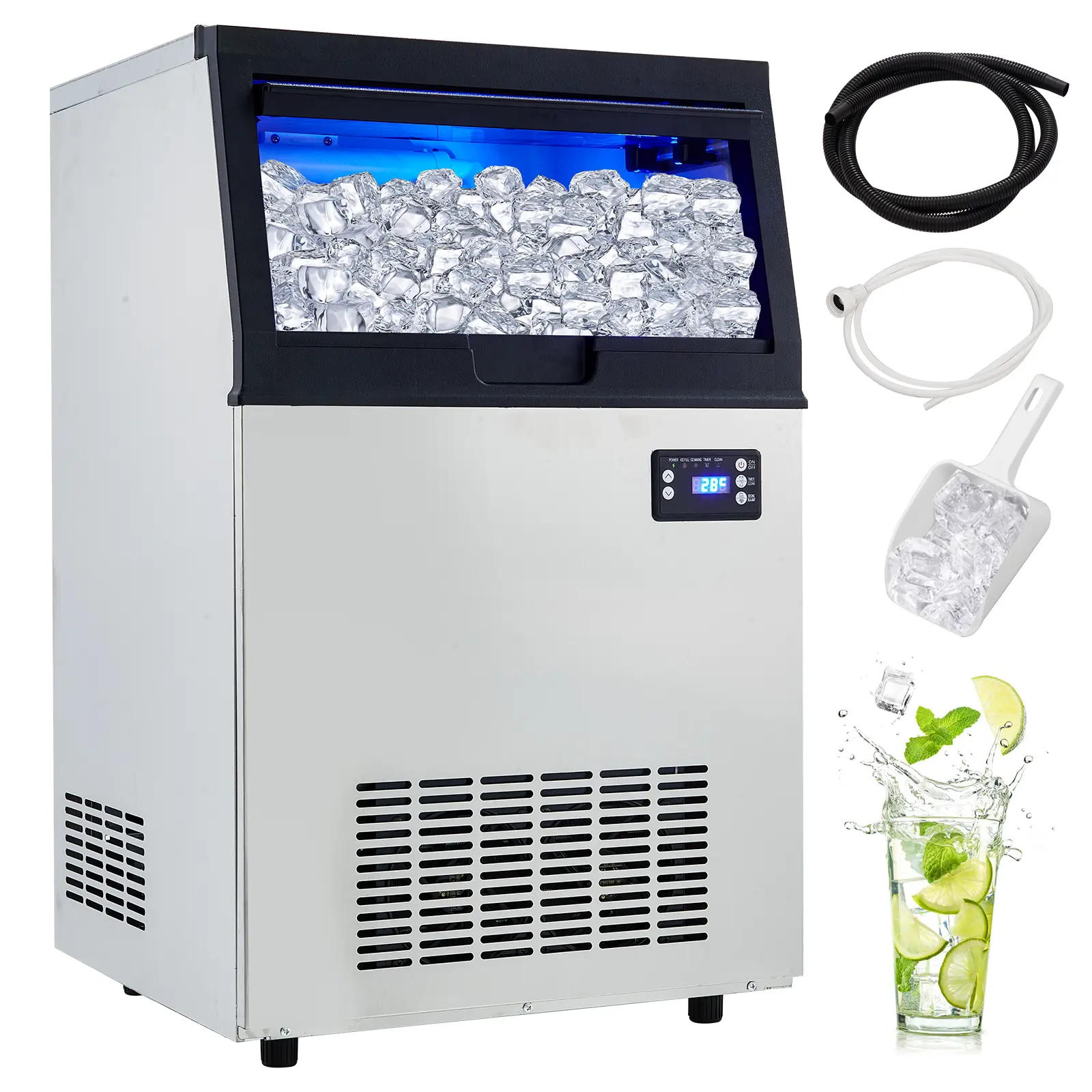 High Efficiency Commercial Ice Maker – 100lbs/24H Output, 33lbs Storage, Freestanding Stainless Steel, Makes 50 Cubes in 8-15 Mins, Under Counter, 2 Water Inlet Modes, Water Filter & Scoop Included,home essentials