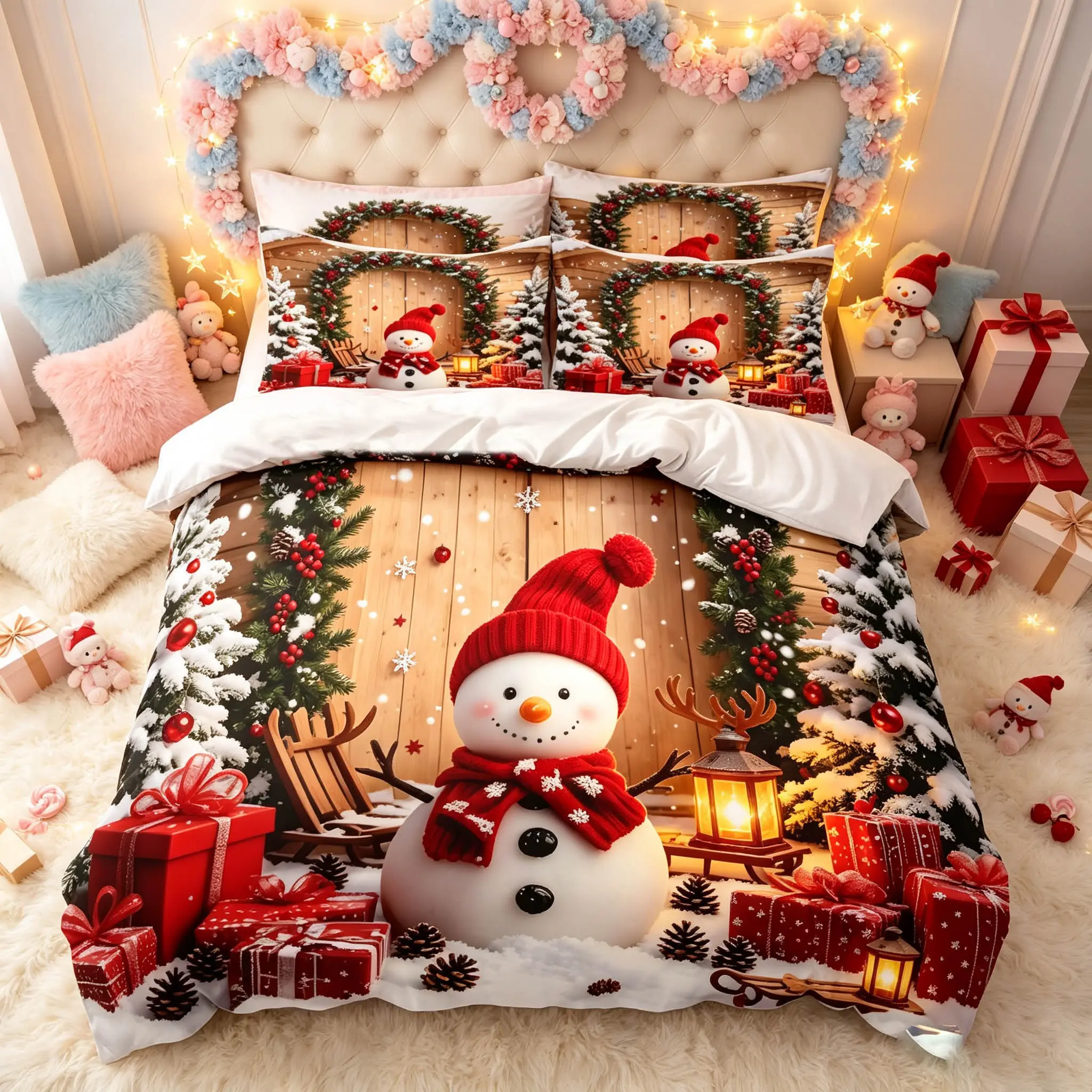 3-Piece Christmas Duvet Cover Set, Snowman Pattern, Soft Fabric, No Padding, Ideal for Bedroom, Hotel, Dorm, Perfect Gift