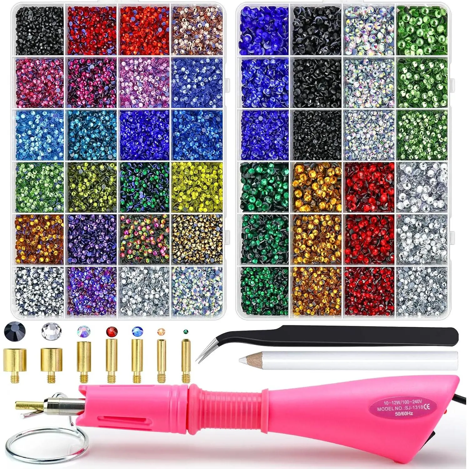Hotfix Rhinestones Setter with 30000PCS Rhinestones, Hot Fix Applicator Tool Bedazzler Kit, 24 Colors, 3mm 4mm 5mm Hotfix Crystals for Clothing Crafts, SS10 SS16 SS20 3 Gems Sizes
