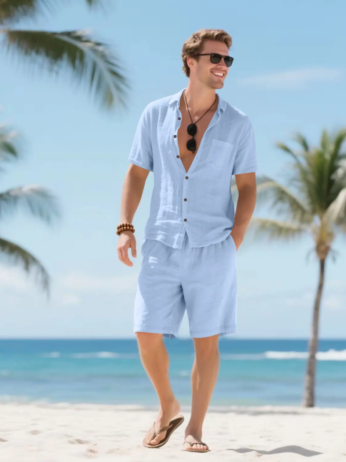Summer men's linen short-sleeved shirt set, loose and casual beach 2-piece outfit, breathable, lightweight and comfortable, suitable for beach outings and daily commuting, the perfect gift for him, men's beach clothing