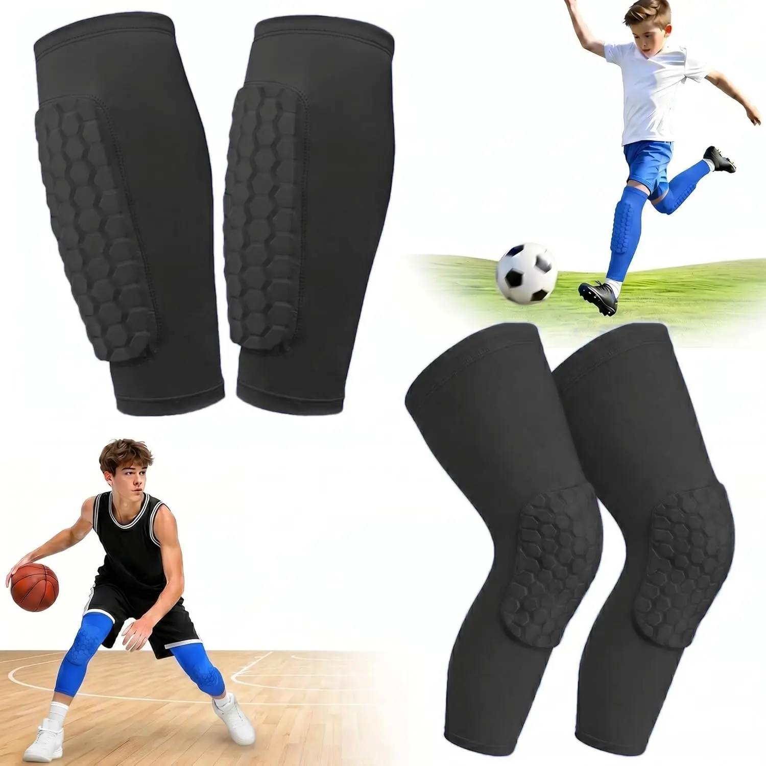 Football Sports Knee & Shin Protective Gear Set - 2 Pairs Multi-Size Nylon Blend Padded Panels, 3-12 Years Kids Soccer Shin Guards, Adult Work & Basketball Protective Knee Pads, Shock Absorbent, Snug Fit