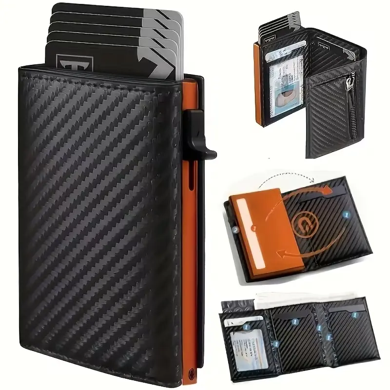 Carbon Fiber & Orange Aluminum Pop-Up Wallet, RFID Blocking Credit Card Holder with Coin Purse, Slim Metal Card Case for Men Women Gift