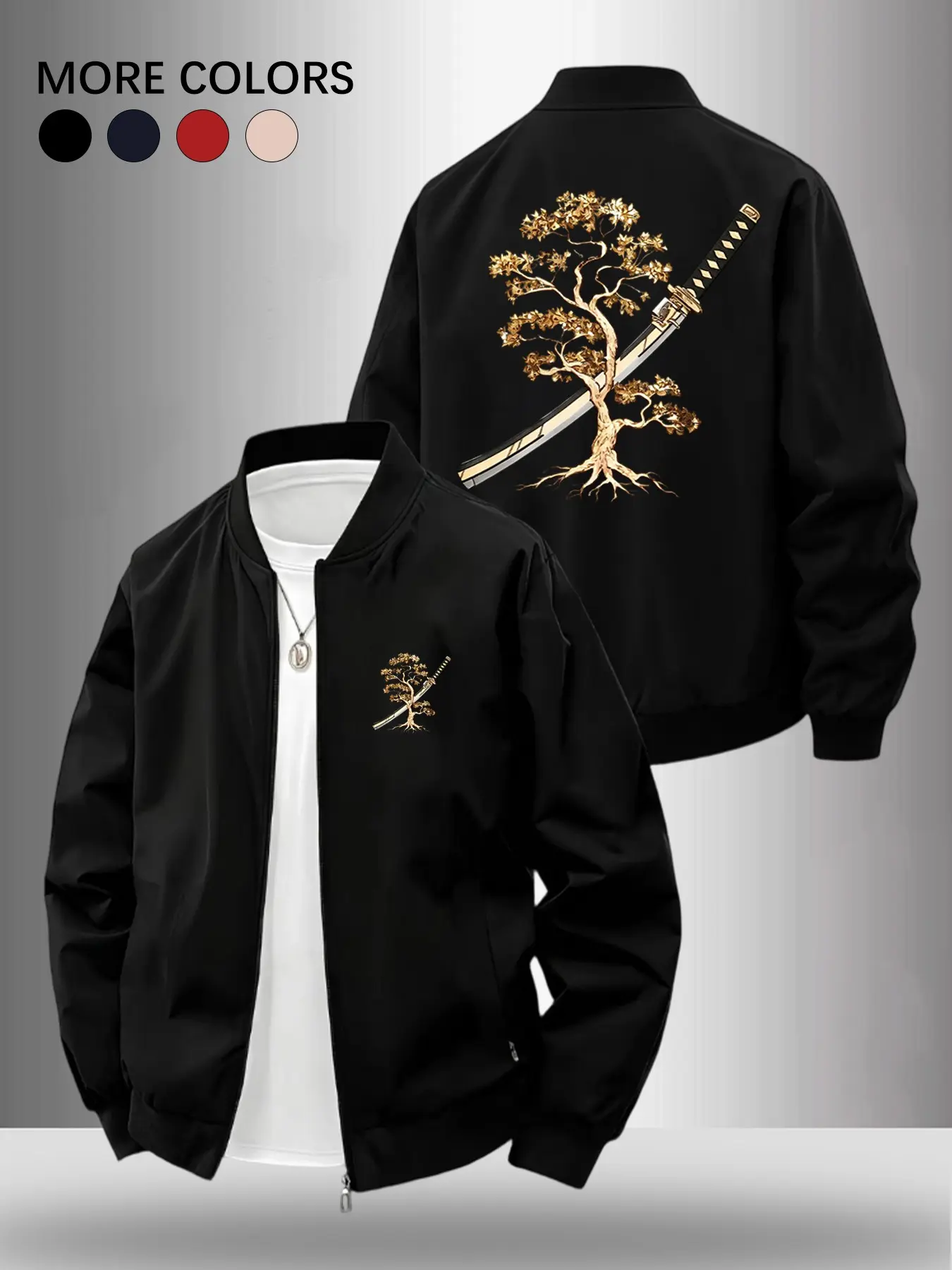 Men's Spring Fall Japanese Samurai Sword Baseball Jacket, Classic Pilot Jacket, American Style + Eastern Aesthetic, Daily Commute, Streetwear