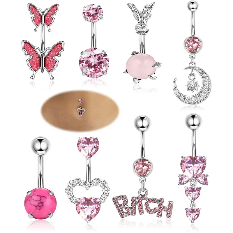 Women's 14G Surgical Stainless Steel Hypoallergenic Dangle Belly Button Ring - 5mm Top Ball, Cute Pink CZ Heart Butterfly Navel Jewelry, 8pcs Style Mix for Christmas, Graduation, Sisters' Fashion Body Accessories